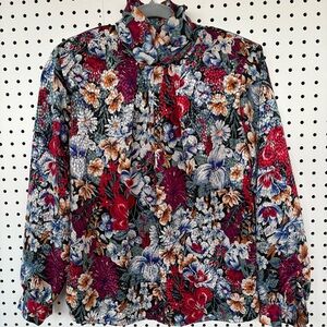 Petite Notations Floral Tie-Neck Blouse in Multi-Color size 4